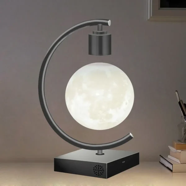 Modern moon lamp with a spherical, moon-like glow, mounted on a sleek black base with an adjustable metal arm for versatile lighting angles.
