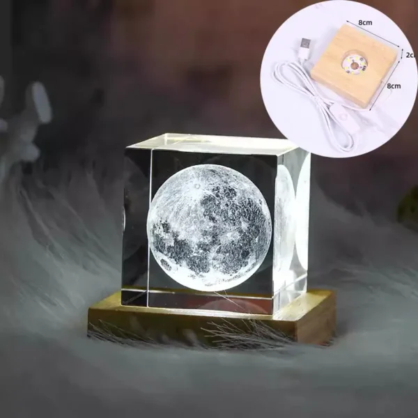 3D Moon Lamp with USB power and wooden base for ambient lighting and decor.