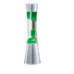 Classic lava lamp with green wax flowing inside a clear glass tube, mounted on a silver base and cap, perfect for science decor and educational display.