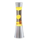 Vibrant lava lamp featuring a sleek metallic base and vivid yellow bubbles flowing through clear liquid, perfect for science decor and educational displays.