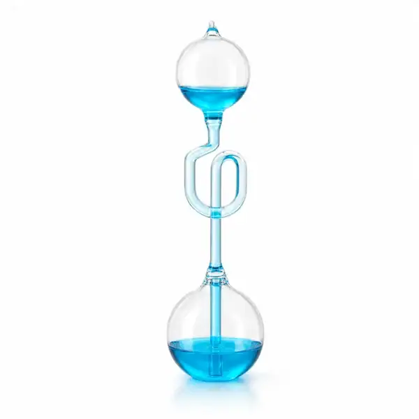 Glass distillation apparatus with blue liquid, used for scientific experiments and educational demonstrations.