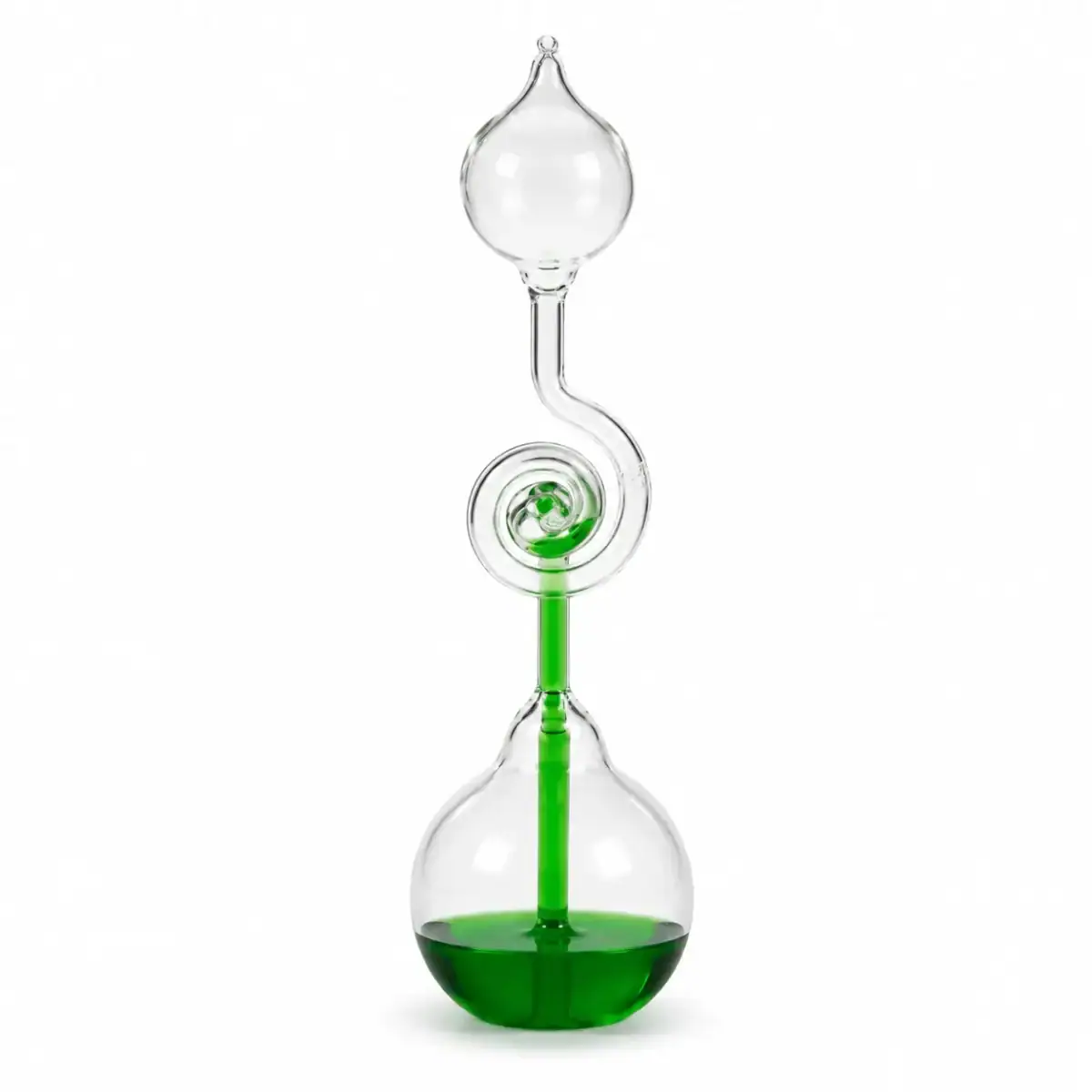 Glass distillation apparatus with green liquid for science experiments.