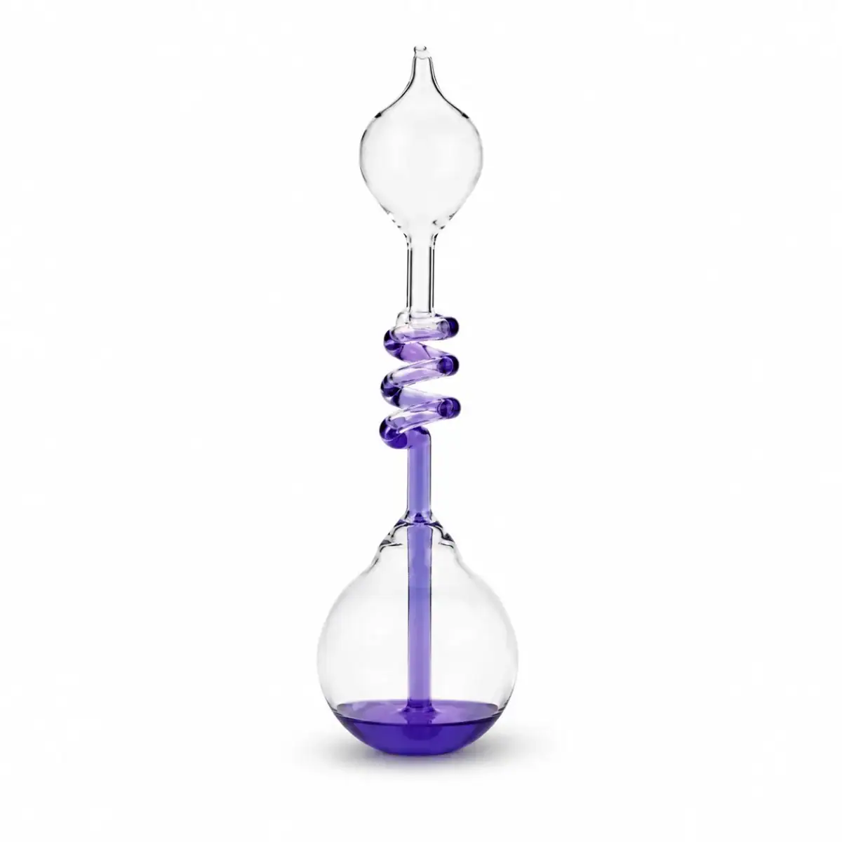 Glass distillation apparatus with purple accents for science experiments.