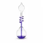 Glass distillation apparatus with purple accents for science experiments.