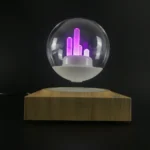 A plasma globe with purple lightning-like filaments inside a glass sphere, floating above a wooden base, creating a captivating visual display.