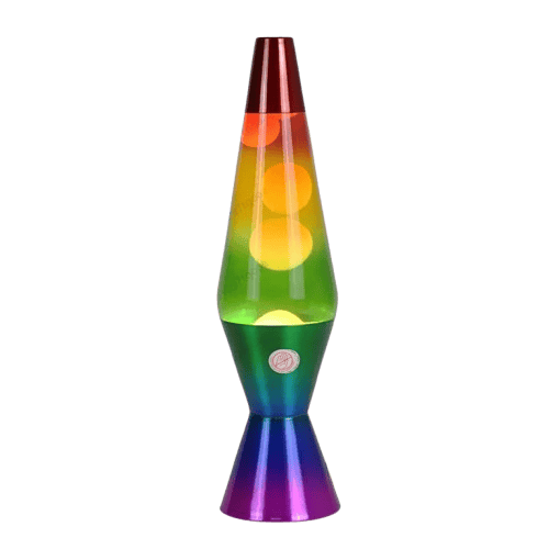 Colorful lava lamp with glowing bubbles in red, yellow, green, blue, and purple, creating a vibrant and mesmerizing visual display. Perfect for science decor and educational fun.
