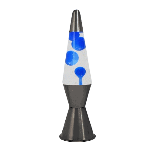 Modern lava lamp with blue bubbles inside, decorative science gadget for home or office.