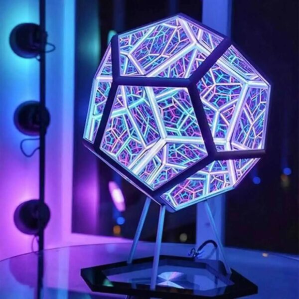 LED geometric lamp with colorful, intricate patterns.