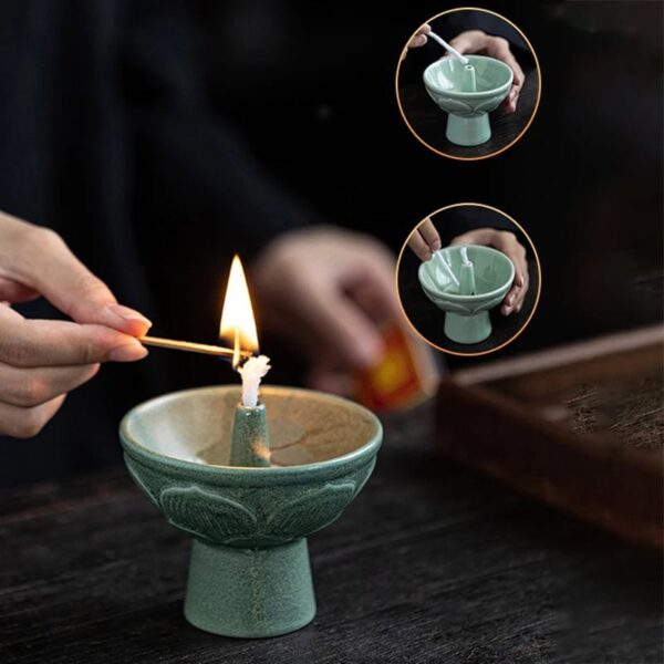 Person demonstrating a fireproof candle making kit with a lit candle and a small bowl, showcasing a science experiment or craft activity.