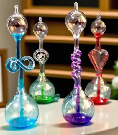 Vibrant glass science art sculptures featuring swirling and looped designs in blue, green, purple, and red, displayed on a white surface with a blurred background.