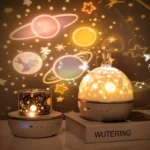 A starry sky projector with a bunny-shaped light, projecting colorful celestial patterns onto the wall, creating a calming and educational space-themed ambiance.