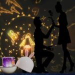 Illuminated science-themed decor with silhouettes of a couple exchanging a flower, surrounded by glowing scientific illustrations and gadgets.