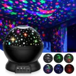 LED star projector creating a colorful starry sky on walls and ceiling, perfect for bedroom decor and educational science displays.