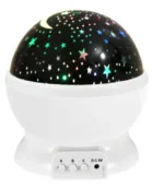 Compact starry sky projector with colorful LED stars and moon, creating a relaxing cosmic ambiance for bedrooms or nurseries.