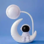 Moon and astronaut night light with a lamp, perfect for children's rooms and educational decor.