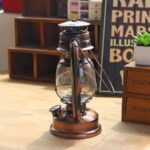 Antique-style oil lantern with a glass chamber, metal handle, and rustic finish, perfect for science-inspired home decor or educational settings.