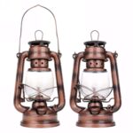 Pair of vintage-style lanterns made of metal with glass enclosures, ideal for decorative purposes or educational displays about historical lighting.