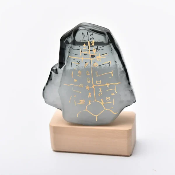 Decorative crystal sculpture with gold-etched symbols on a wooden base, ideal for science-themed decor and educational displays.
