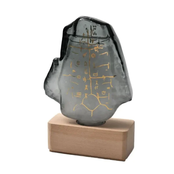 Glass penguin-shaped paperweight with scientific formulas in gold, mounted on a wooden base.