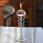 A glass candle lamp with a metal coil and a flame, demonstrating principles of thermodynamics and magnetic levitation.