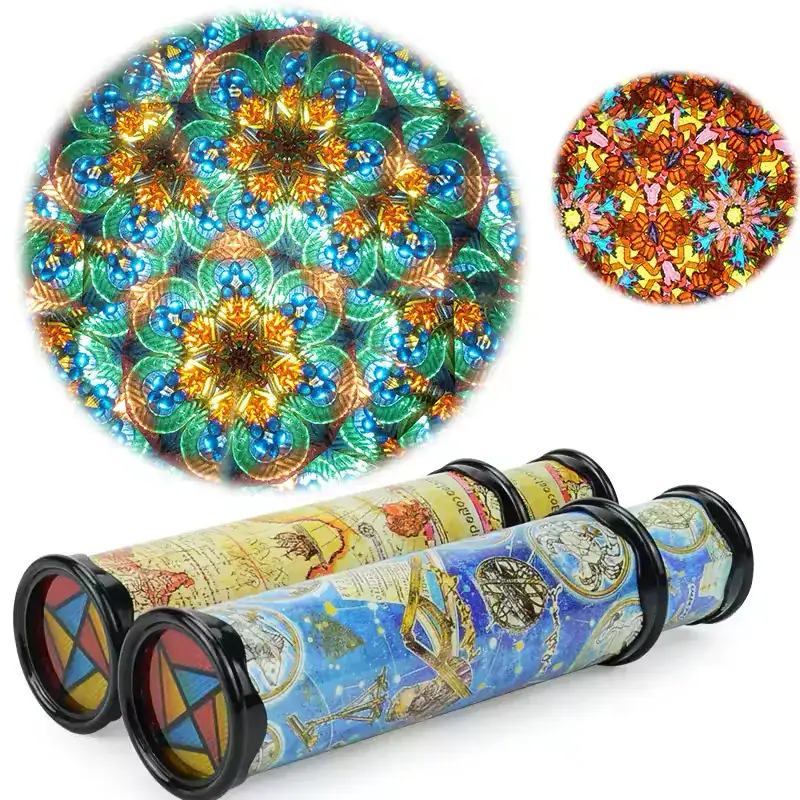 Vivid kaleidoscope with intricate geometric patterns and vibrant colors, perfect for inspiring creativity and curiosity in children and adults alike.