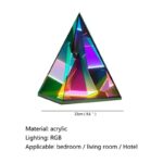 Vibrant acrylic pyramid with RGB lighting, perfect for bedroom, living room, or hotel decor, creating a modern and colorful ambiance.