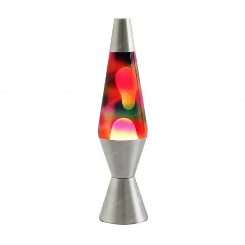 Classic lava lamp with vibrant, colorful bubbles inside a glass tube, mounted on a sleek metallic base, perfect for science decor and educational spaces.