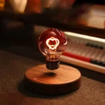 Decorative light bulb with a heart-shaped filament, mounted on a wooden base, creating a warm and romantic ambiance.
