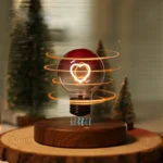 Illuminated light bulb with a heart symbol inside, surrounded by swirling energy lines, placed on a wooden base, with blurred background.
