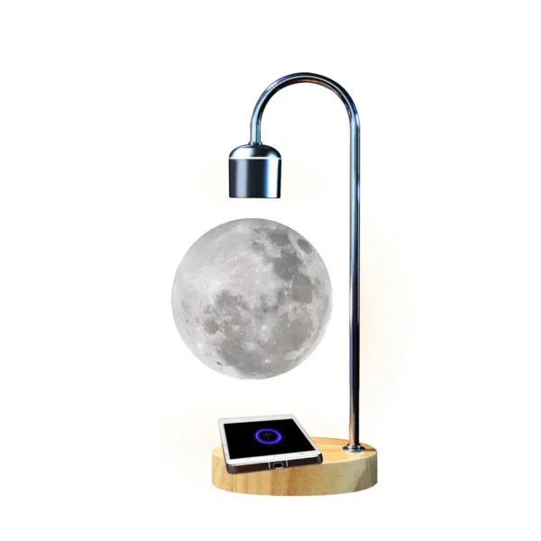 Moon-shaped desk lamp with adjustable metal arm, wireless charging pad, and wooden base, ideal for science-themed decor and educational purposes.