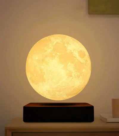 A realistic moon lamp night light with detailed lunar surface texture, emitting a warm yellow glow. Perfect for bedroom decor, educational purposes, or as a unique gift.
