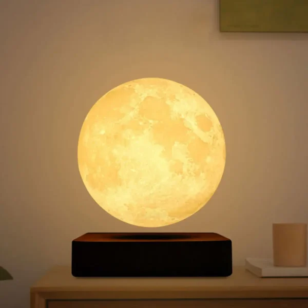 A realistic moon lamp night light with detailed lunar surface texture, emitting a warm yellow glow. Perfect for bedroom decor, educational purposes, or as a unique gift.