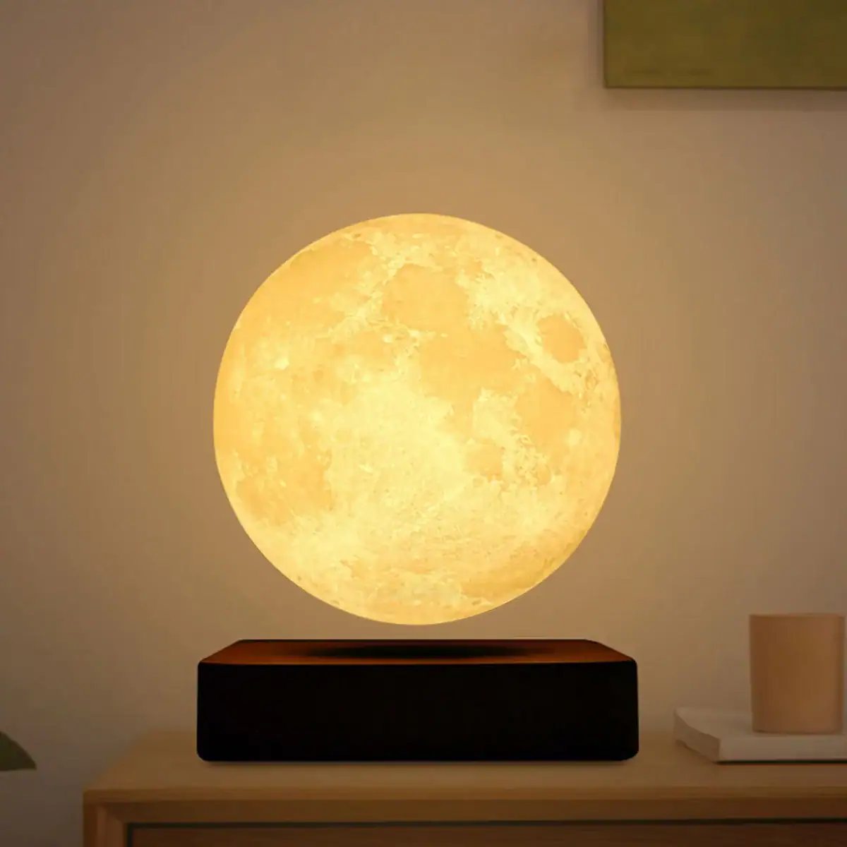 Moon Lamp Night Light - Realistic Lunar Surface Design A realistic moon lamp night light with detailed lunar surface texture, emitting a warm yellow glow. Perfect for bedroom decor, educational purposes, or as a unique gift.