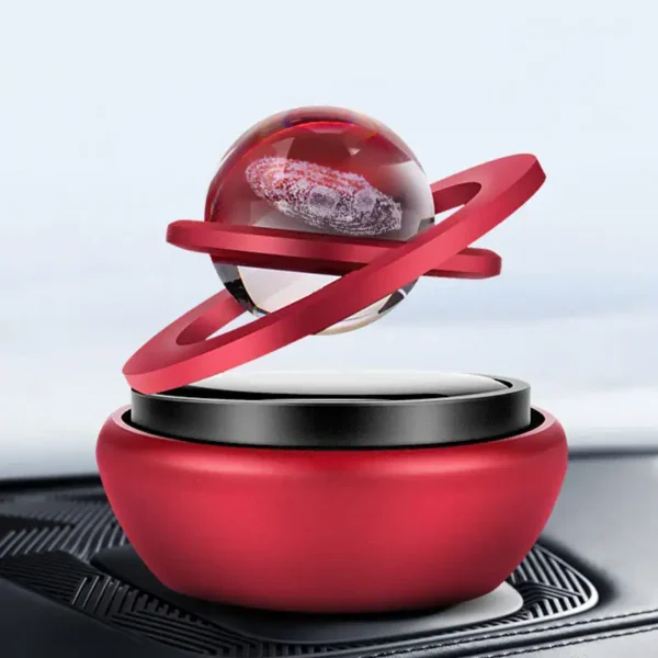 A futuristic science gadget featuring a red and black base with a transparent sphere and orbiting ring, designed for educational and decorative purposes.