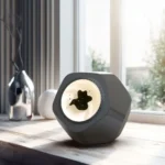 Modern bear-shaped night light on wooden surface near window, ideal for home decor and educational purposes, providing soft illumination for children’s rooms.