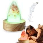 Colorful lava lamp with a wooden base, creating a relaxing and decorative lighting effect, perfect for science decor and educational spaces.