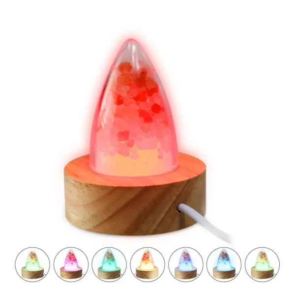 Decorative glow lava lamp with a wooden base, featuring vibrant, flowing lava in shades of red, orange, and yellow, perfect for science decor and educational displays.