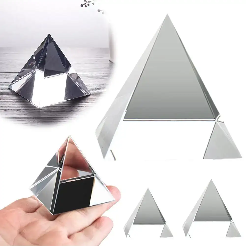 Shiny Glass Pyramid Toy Reflective glass pyramid toy demonstrating geometric shapes and optical effects, perfect for science decor and educational purposes.