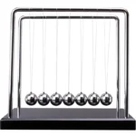 Classic Newton's Cradle with six shiny metal balls demonstrating conservation of momentum and energy. Perfect for science education and office decor.