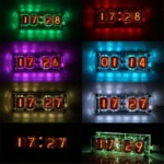 Colorful LED digital clock showing different times in vibrant hues of green, red, purple, blue, yellow, and orange. Perfect for science decor and educational settings.