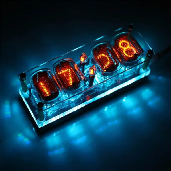 Vintage Nixie tube clock displaying the time with glowing orange numerals on a transparent base, illuminated by blue LED lights for a retro-futuristic look.