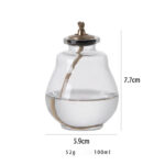 Glass oil dispenser with metal stopper, 7.7cm height, 5.9cm diameter, 52g weight, 100ml capacity, ideal for science experiments and kitchen use.