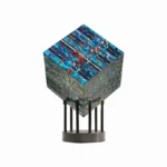 Modern geometric sculpture with vibrant blue and multicolored patterns on a black stand, perfect for science decor and educational display.