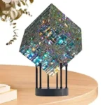 Crystal cube decorative lamp with colorful holographic reflections, modern design, perfect for home decor or educational displays.