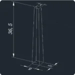 3D rendering of a tapered metal measuring instrument with detailed dimensions, showcasing its height of 36.5 cm and base measurements for accurate scientific and educational use.