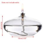 Glass oil lamp with visible wick and flame, transparent design, 10cm wide and 6cm tall, ideal for science experiments and decor.