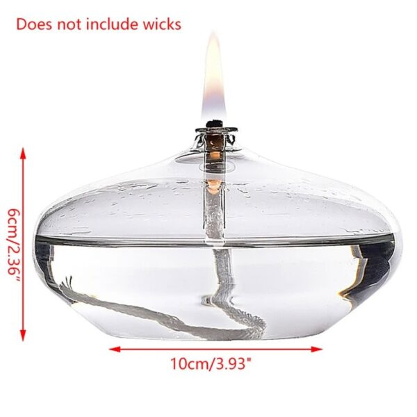 Glass oil lamp with visible wick and flame, transparent design, 10cm wide and 6cm tall, ideal for science experiments and decor.