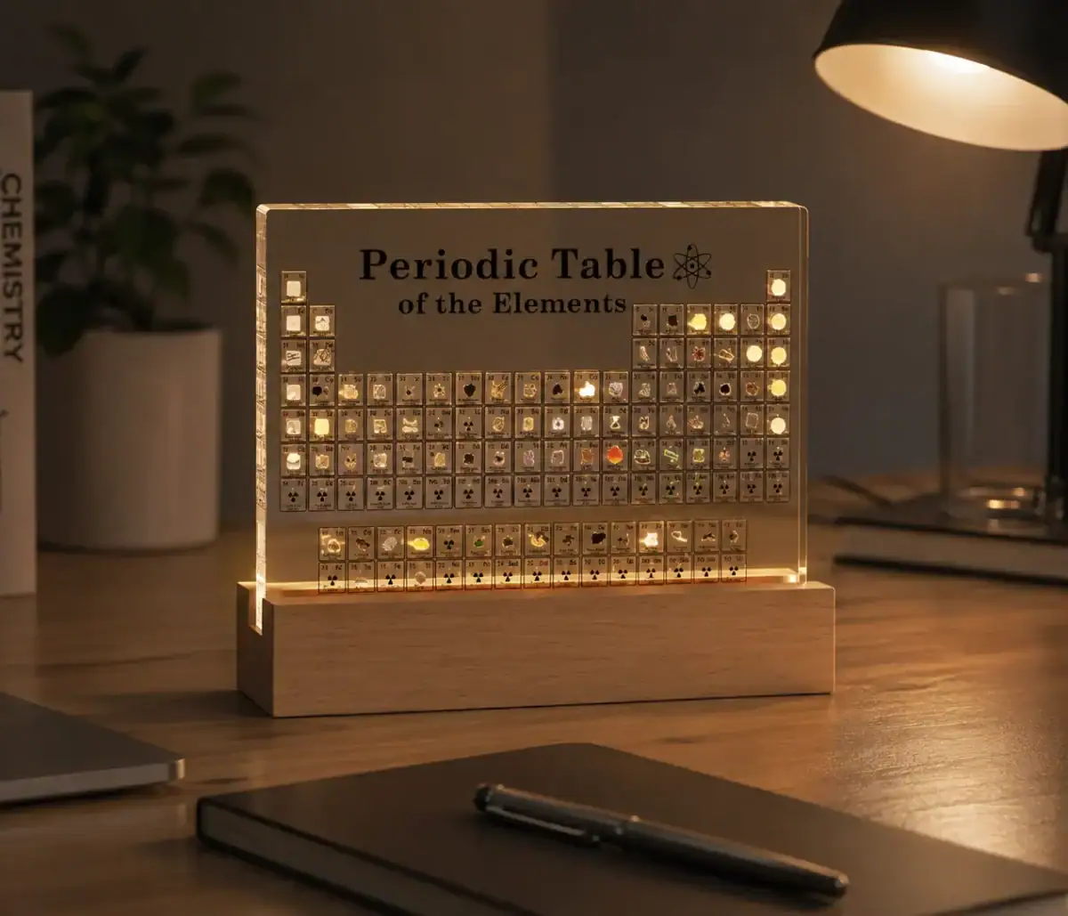 LED periodic table display showcasing all chemical elements with illuminated symbols, perfect for science lovers, educational settings, or modern home decor.