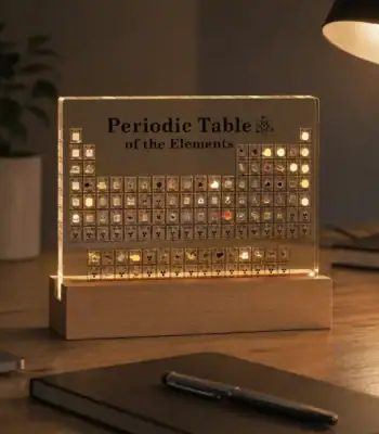 LED periodic table display showcasing all chemical elements with illuminated symbols, perfect for science lovers, educational settings, or modern home decor.