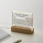 Clear acrylic periodic table of the elements mounted on a wooden stand, ideal for science education and decor.